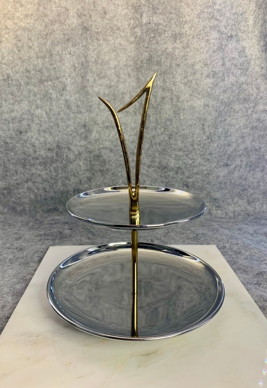 Vintage MCM Kromex 2-Tier Tidbit Serving Tray, Chrome, Gold Handle, Dessert Tray